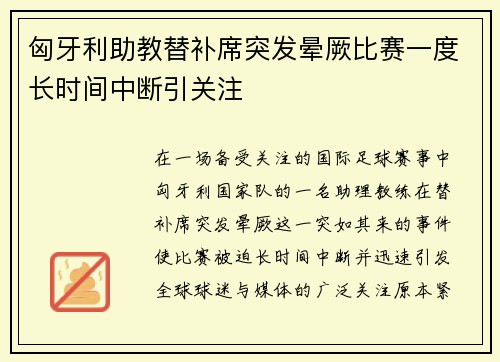 匈牙利助教替补席突发晕厥比赛一度长时间中断引关注