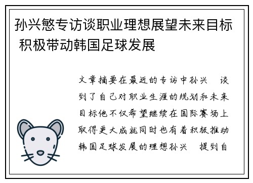 孙兴慜专访谈职业理想展望未来目标 积极带动韩国足球发展