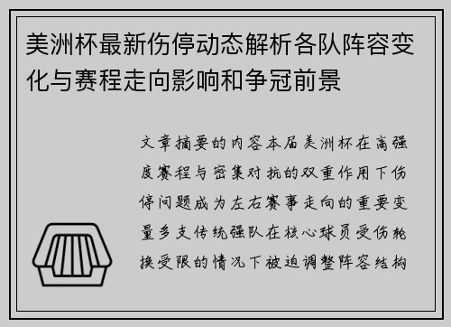 美洲杯最新伤停动态解析各队阵容变化与赛程走向影响和争冠前景